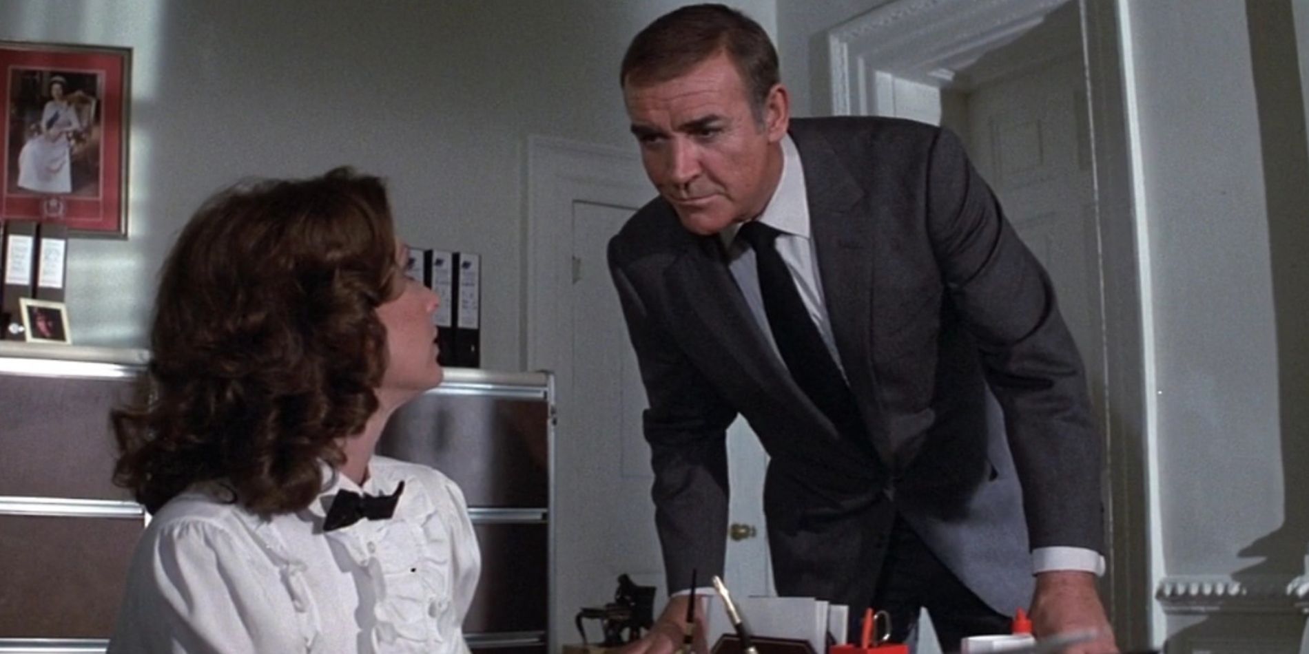 Moneypenny (Pamela Salem) and Bond (Sean Connery) in 'Never Say Never Again'