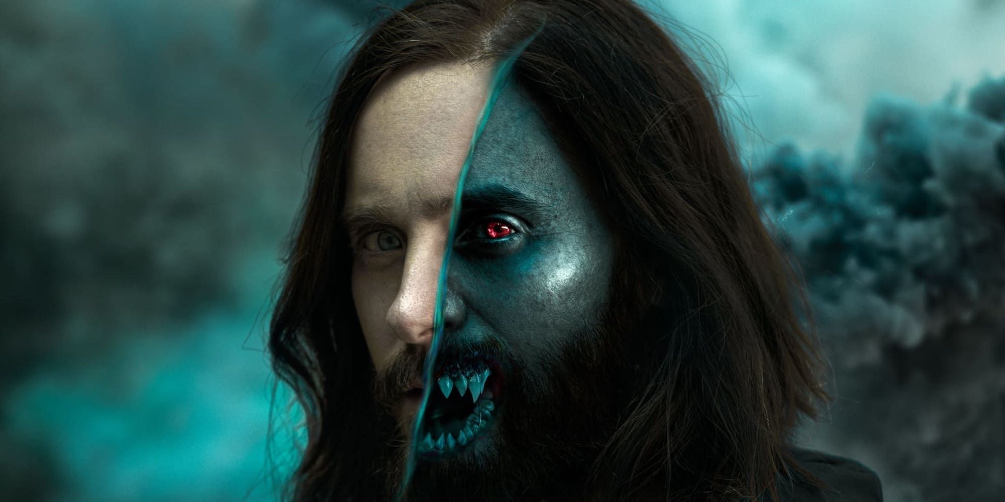 Jared Leto with half a normal face and half a monstrous one in a poster for Morbius. 