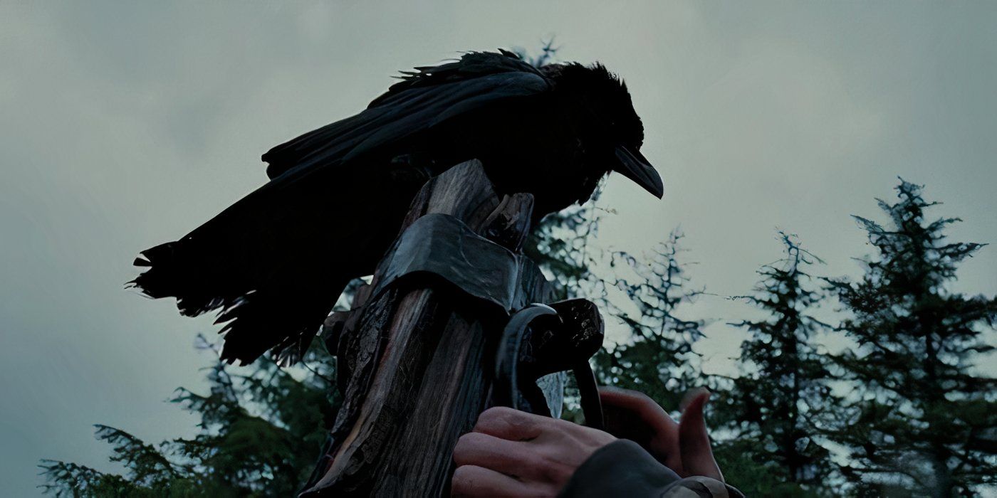 A crow rests atop a post in 'Harry Potter and the Prisoner of Azkaban'