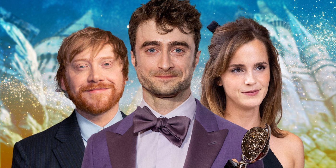 Custom image of Daniel Radcliffe holding his Tony award, alongside images of Rupert Grint and Emma Watson