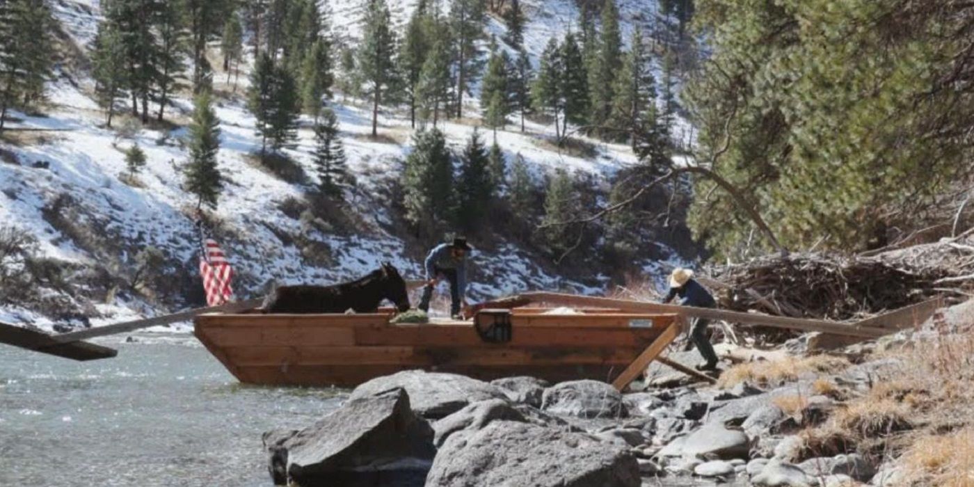 A picture of the mountainous areas of 'Mountain Men' with two men fixing a boat