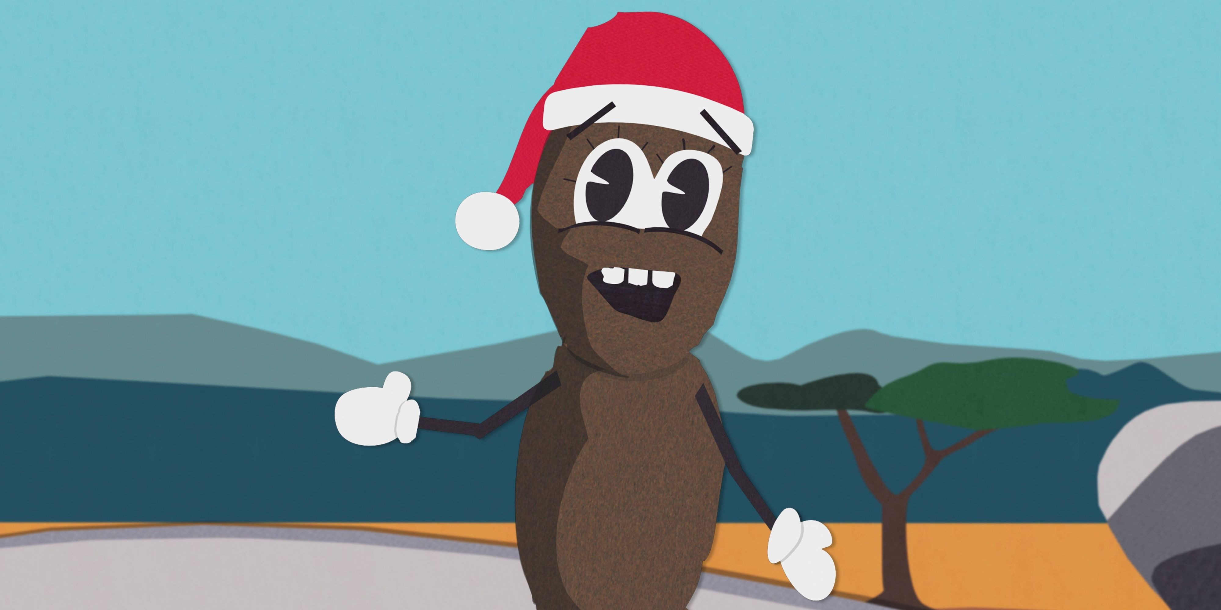 Mr. Hankey wearing a Christmas hat singing in 'South Park'