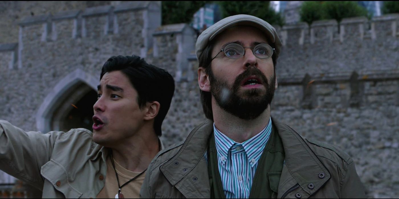 Mr. Harrington looking at the sky scared while Brad points behind him in Spider-Man: Far From Home