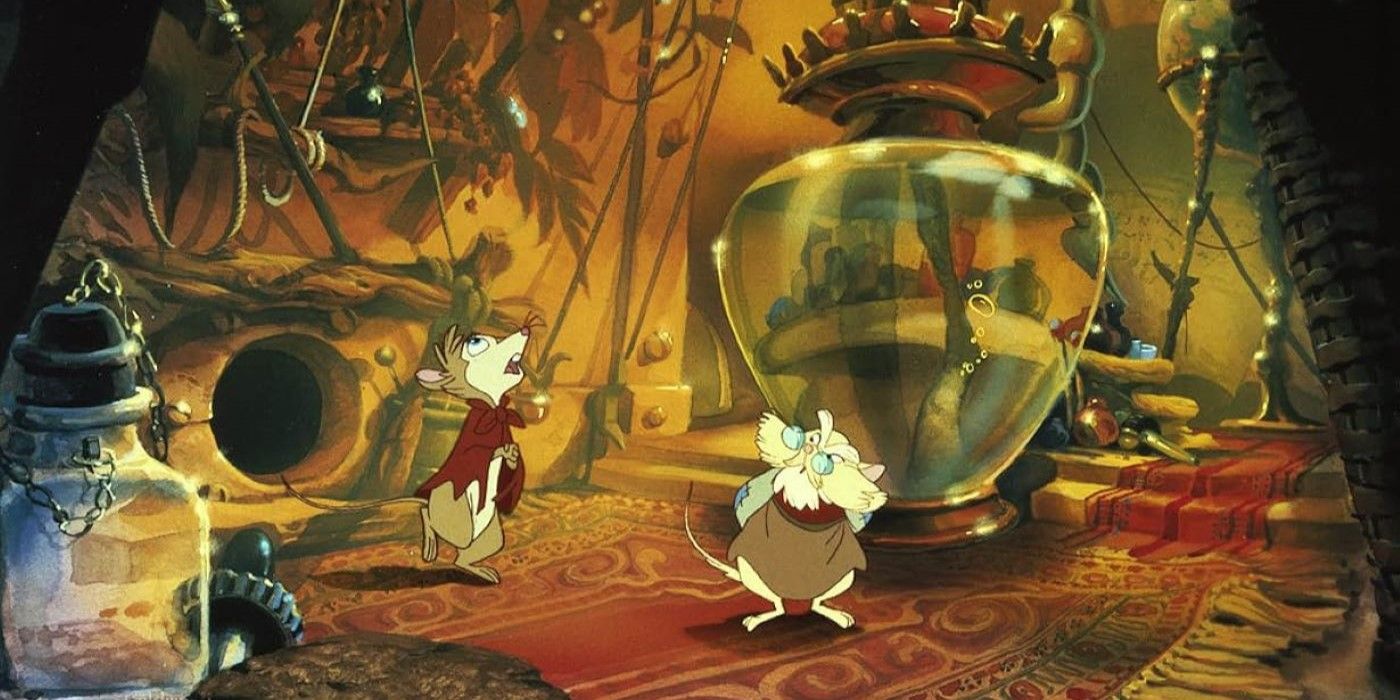 Mrs. Brisby, voiced by Elizabeth Hartman, and Mr. Ages, voiced by Arthur Malet, stand among a collection of glass jars and bottles in The Secret of NIMH