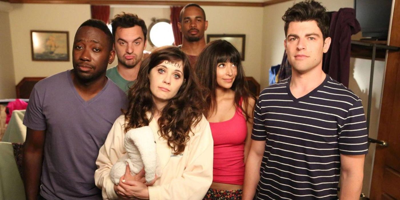 New Girl characters from right to left: Winston (Lamorne Morris), Nick (Jake Johnson), Jess (Zooey Deschanel), Coach (Damon Wayans Jr.), Cece (Hannah Simone) and Schmidt (Max Greenfield).