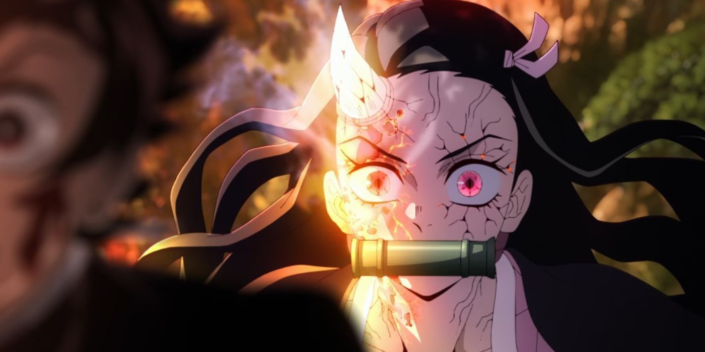 Nezuko in Demon Slayer as she begins to burn up due to the sunlight.