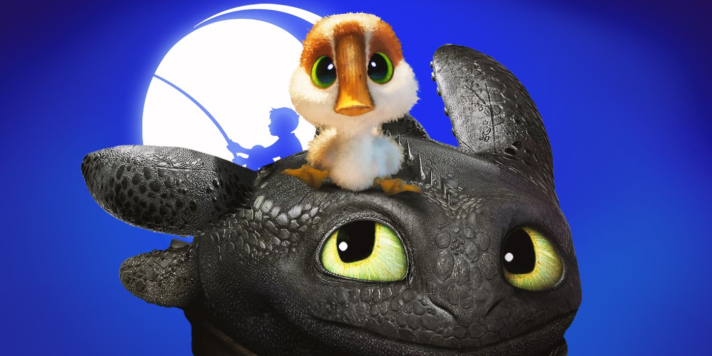 Brightbill from The Wild Robot sitting on Toothless from How to Train Your Dragon, in front of the DreamWorks logo