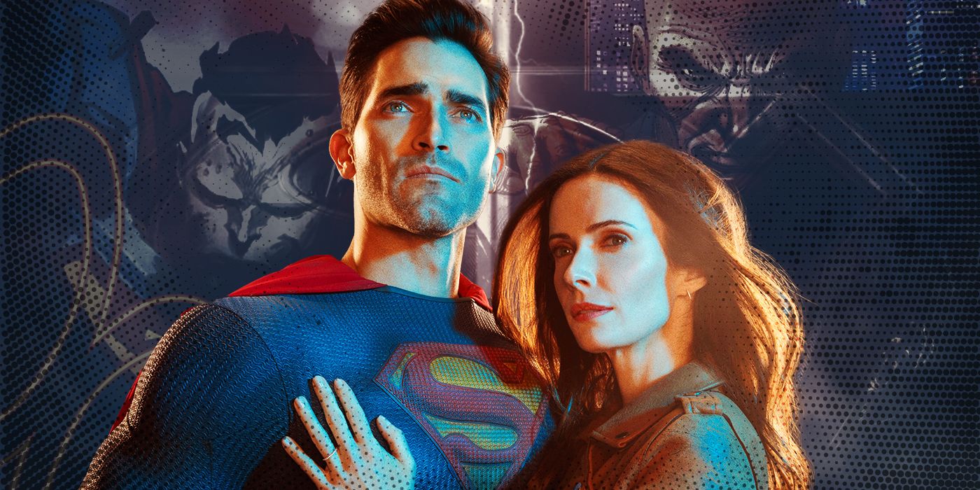 Imágenes personalizadas de Tyler Hoechlin y Elizabeth Tulloch como Superman y Lois Lane, con villanos de cómic detrás de ellos.