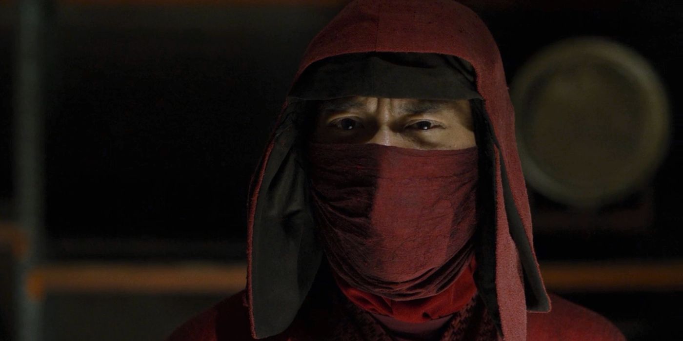 Nobu wearing his red ninja outfit with a red mask that leaves only his eyes visible