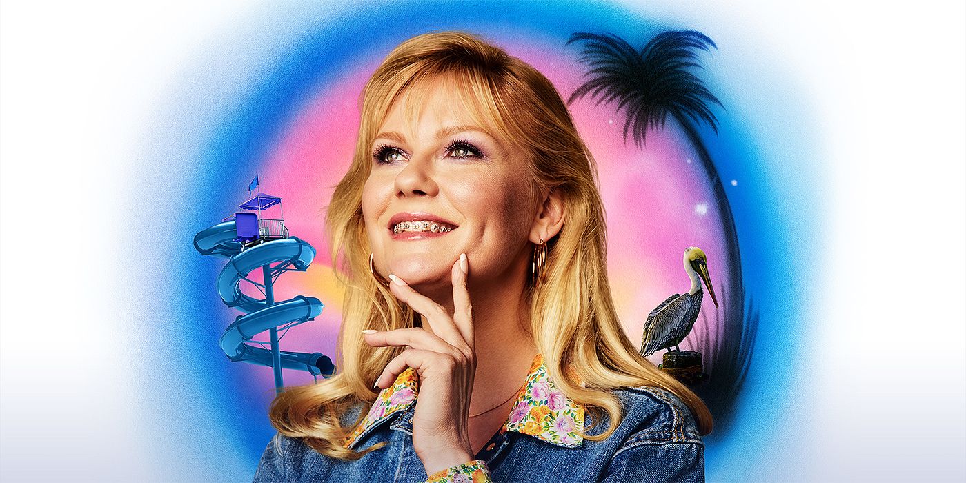 Kirsten Dunst smiling with braces on and looking up with a hand on her chin in On Becoming a God in Central Florida