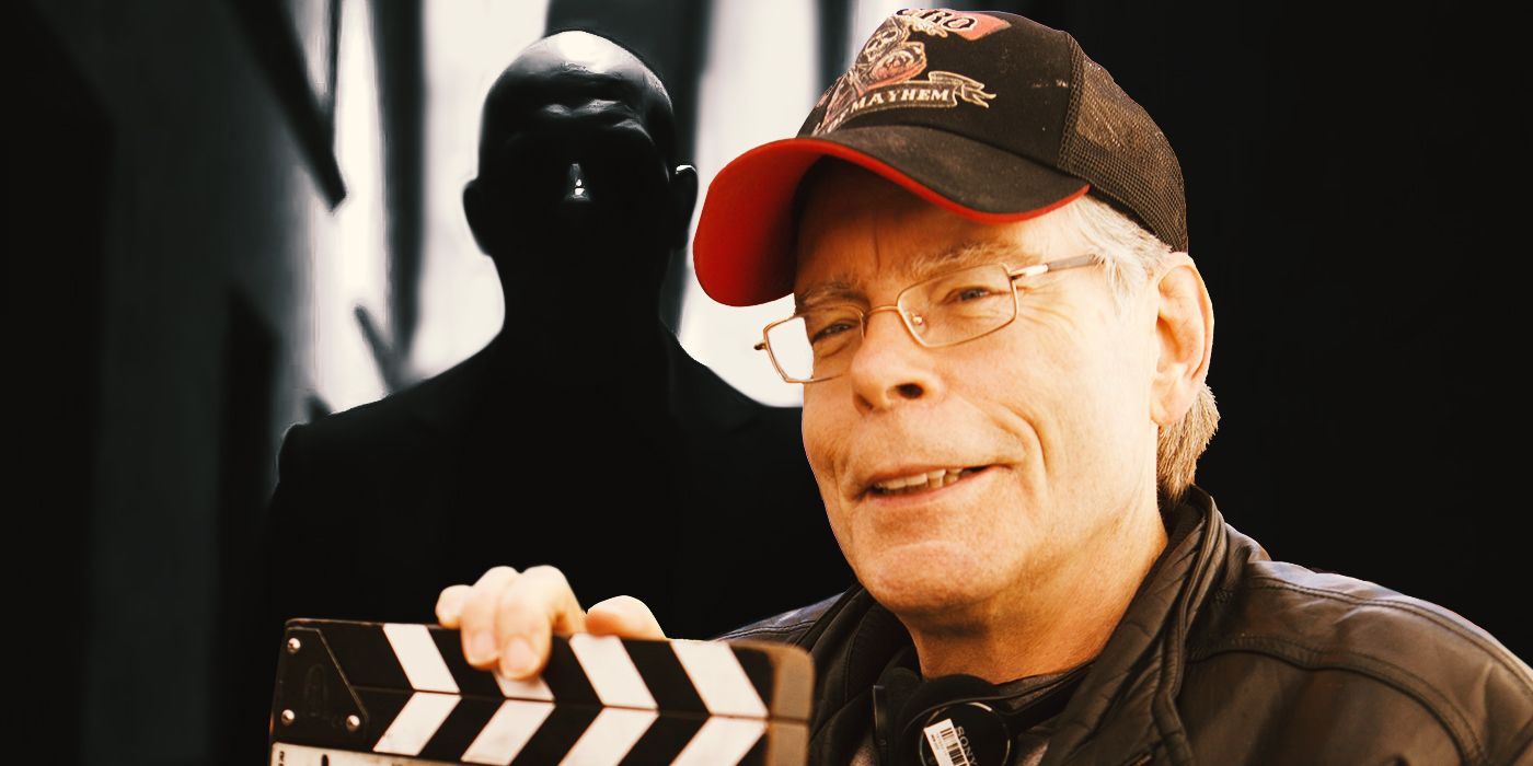 Writer Stephen King holds a clapperboard, while standing in front of a dark figure.