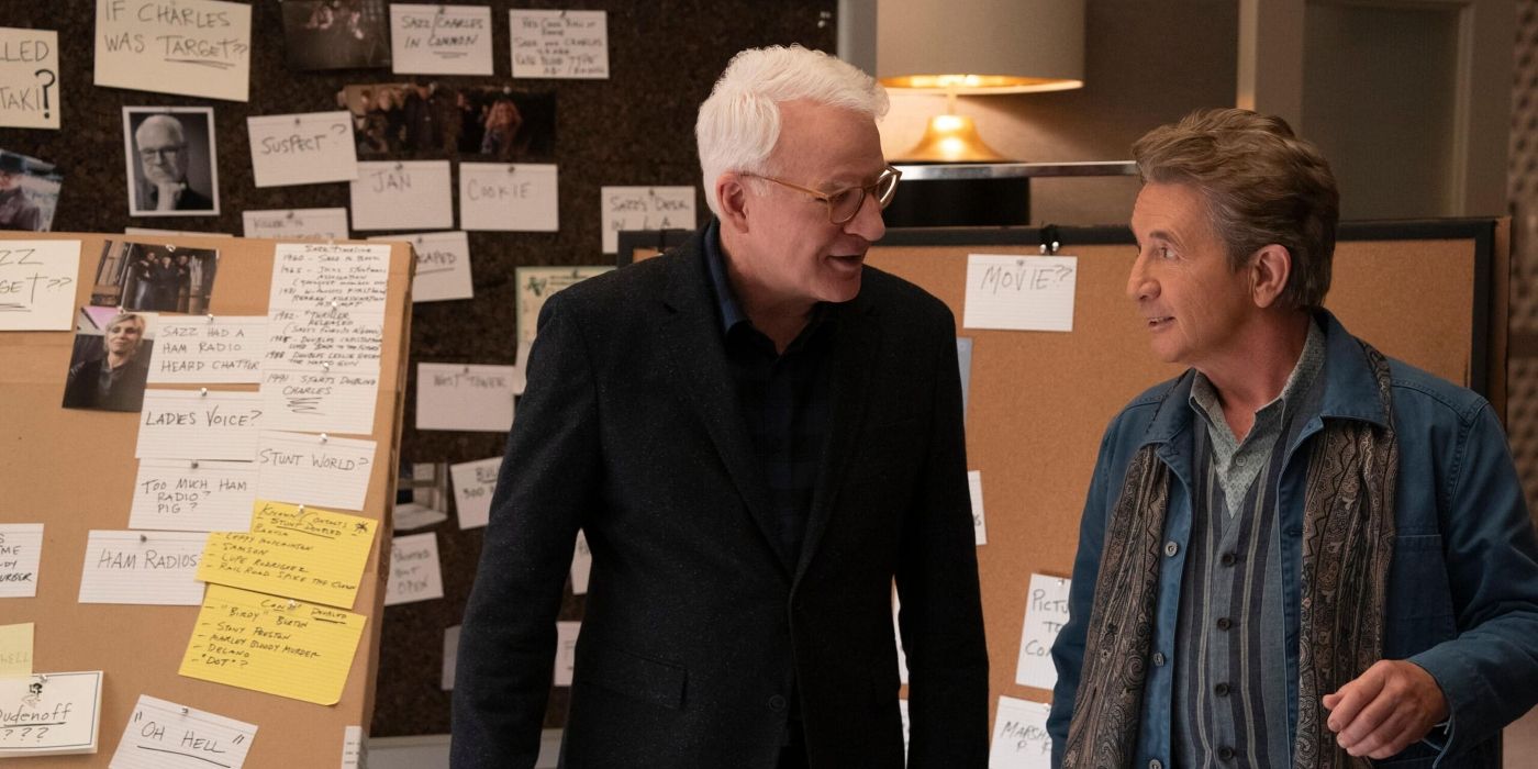 Charles (Steve Martin) and Oliver (Martin Short) stand in front of a bunch of a clue board in 'Only Murders in the Building.'