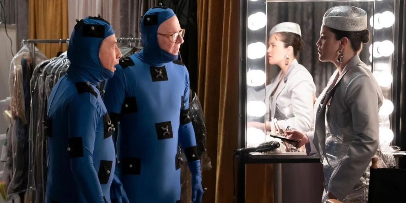 Charles and Oliver in blue motion capture suits talk to Mabel in Only Murders in the Building.