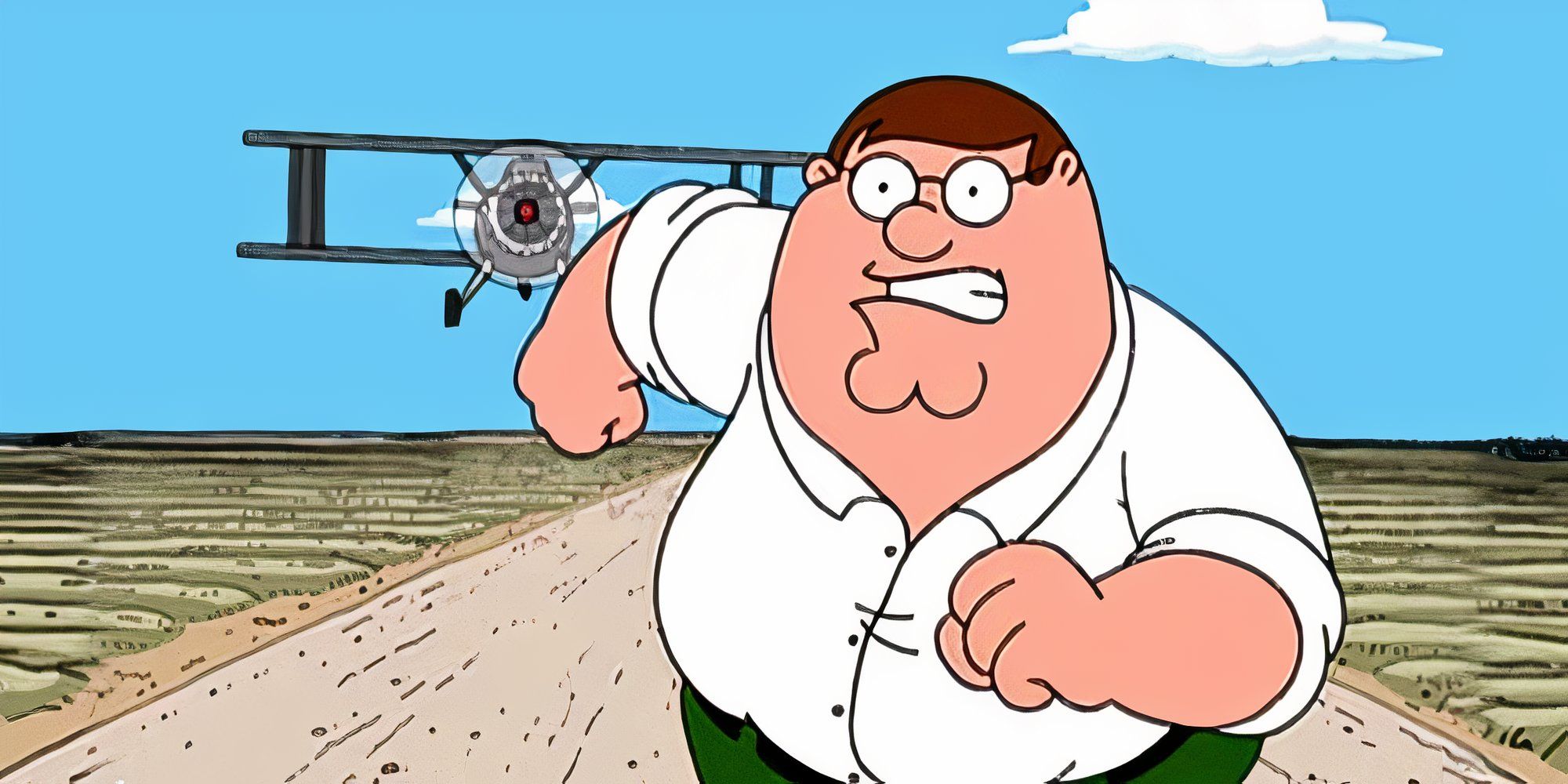 Peter Griffin running away from a plane in Family Guy episode North by North Quahog.