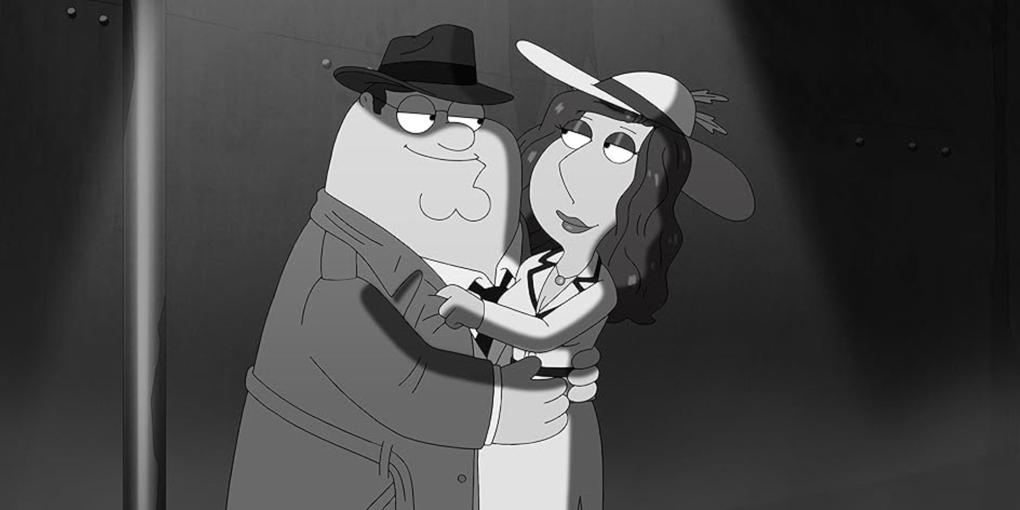 Peter & Lois holding each other under a street light in Family Guy episode The Fat Man Always Rings Twice.