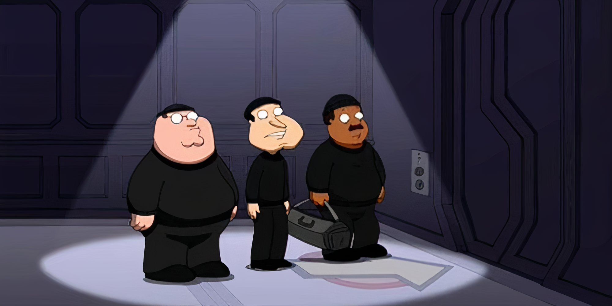 Peter, Quagmire, Cleveland standing in front of a locked door in Family Guy episode Ocean's Three and a Half