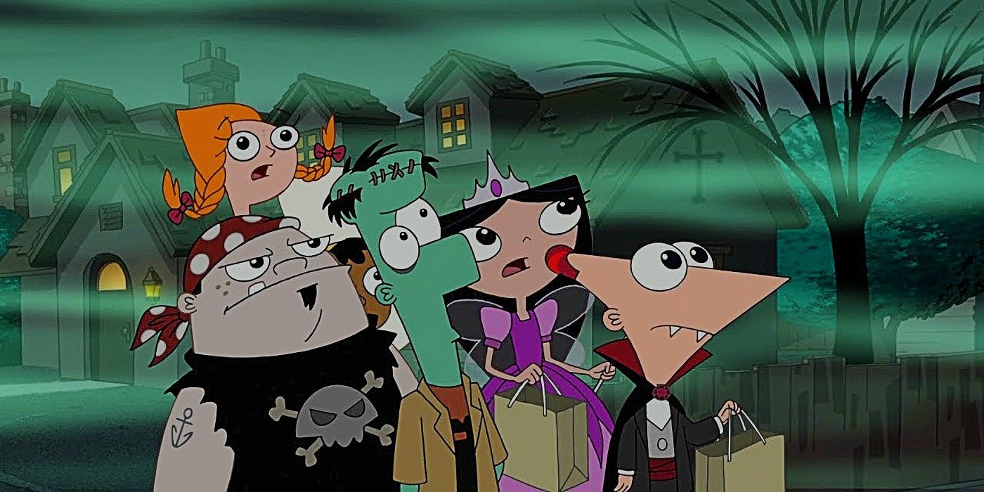 Buford, Candace, Baljeet, Ferb, Isabella, and Phineas dressed up for Halloween in Phineas and Ferb