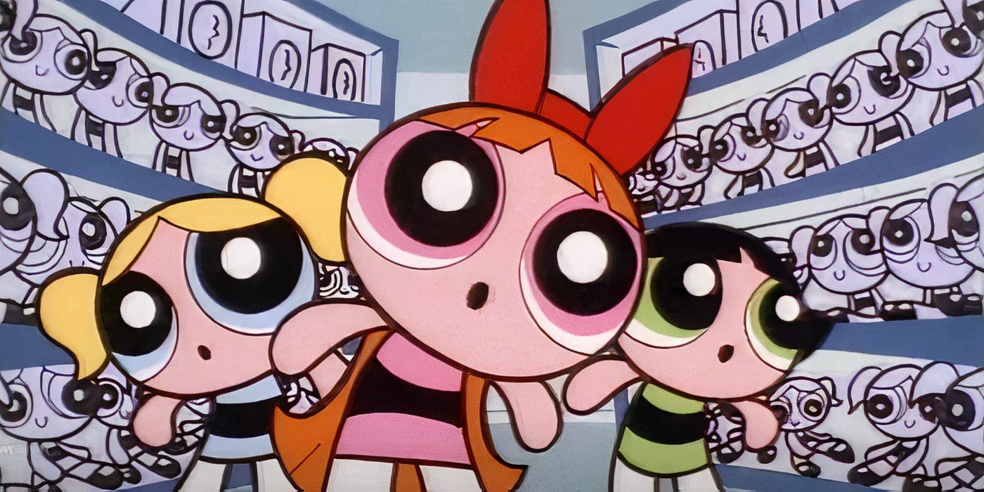 The Powerpuff Girls look at a wall of creepy collectibles