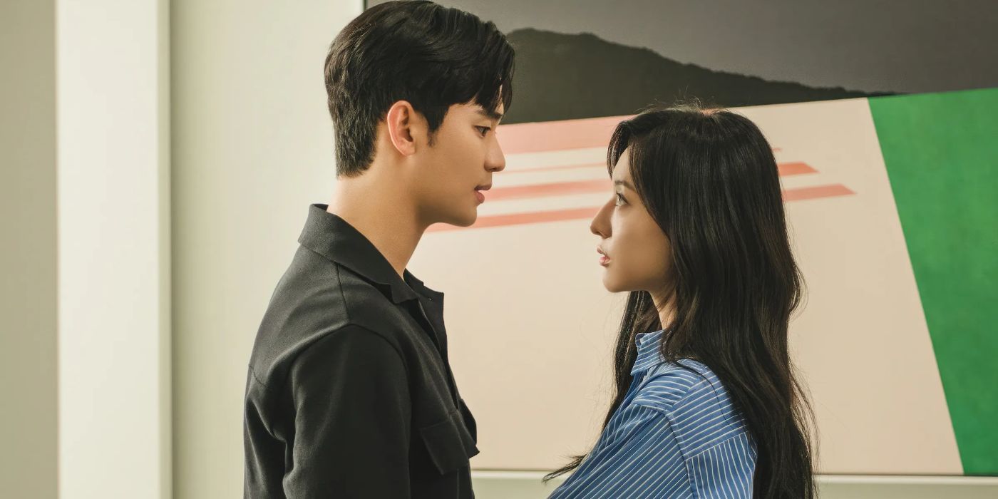 Image featuring main leads Baek Hyun-woo and Hong Hae-in from the Korean Drama 'Queen Of Tears,' as they look at each other intensely.