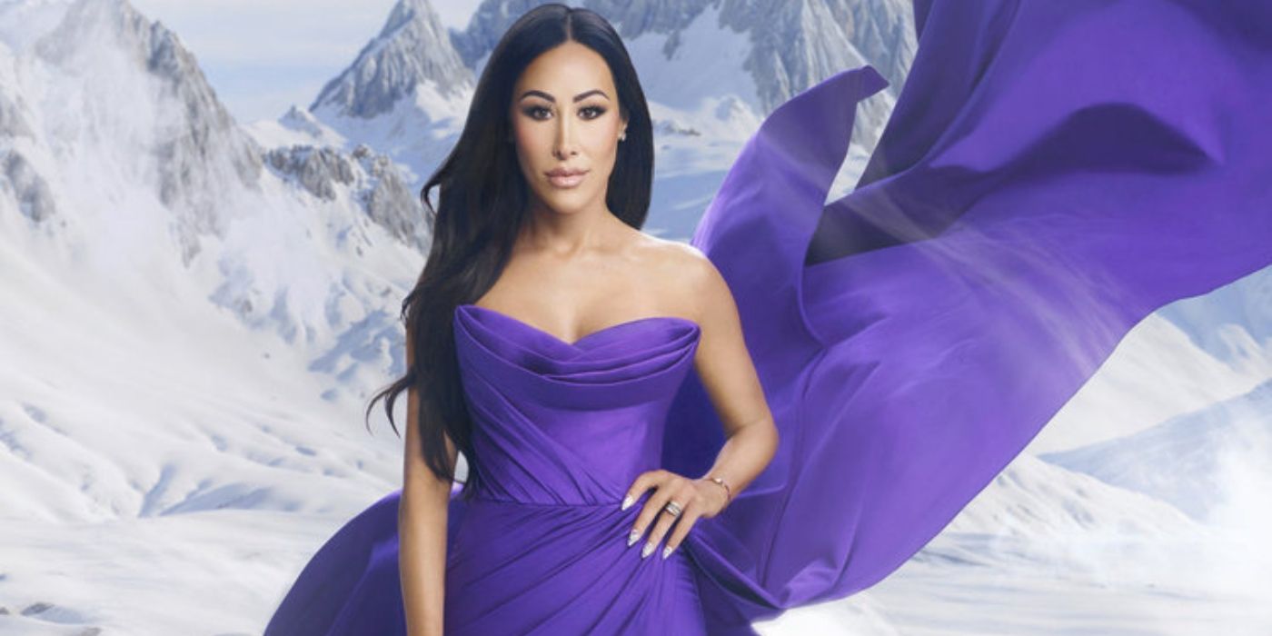 Angie Katsanevas against snowy mountains for her Season 5 promo for &lsquo;Real Housewives of Salt Lake City.'
