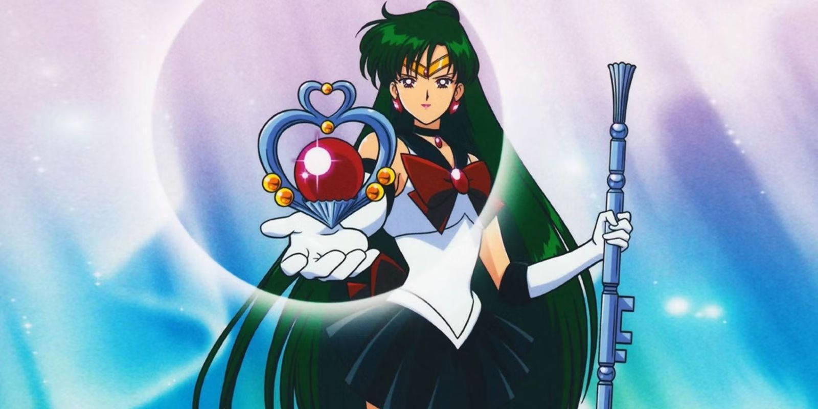 Sailor Pluto offering a jewel in Sailor Moon