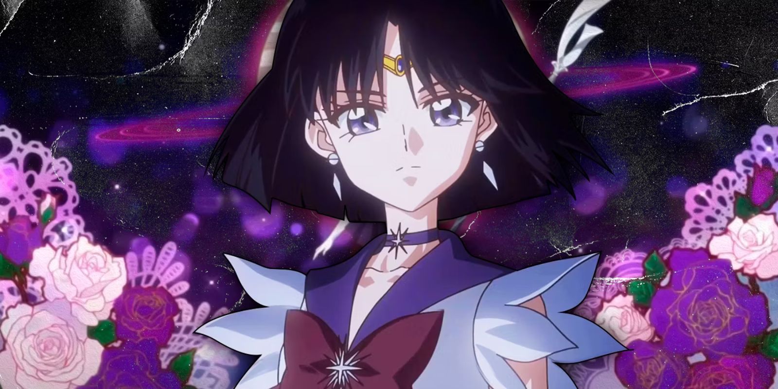 Sailor Saturn surrounded by flowers in Sailor Moon