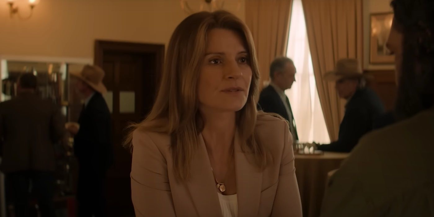 Sara Wiseman, wearing a suit in a restaurant, as Sandra Kirby in Territory
