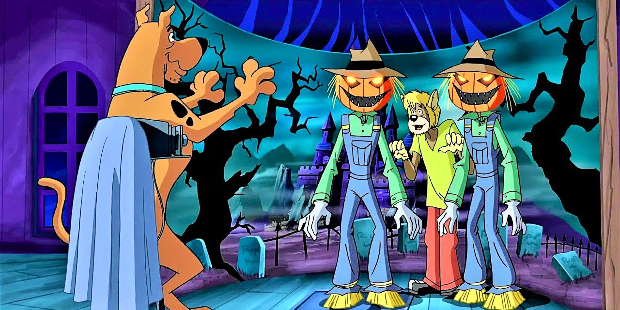 Scooby-Doo and Shaggy, with two jack-o-lantern scarecrows, in "A Scooby-Doo Halloween"