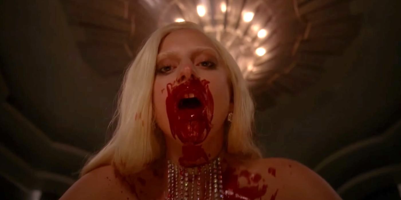 The Countess (Lady Gaga) kills her prey and has blood all over her mouth in American Horror Story: Hotel.