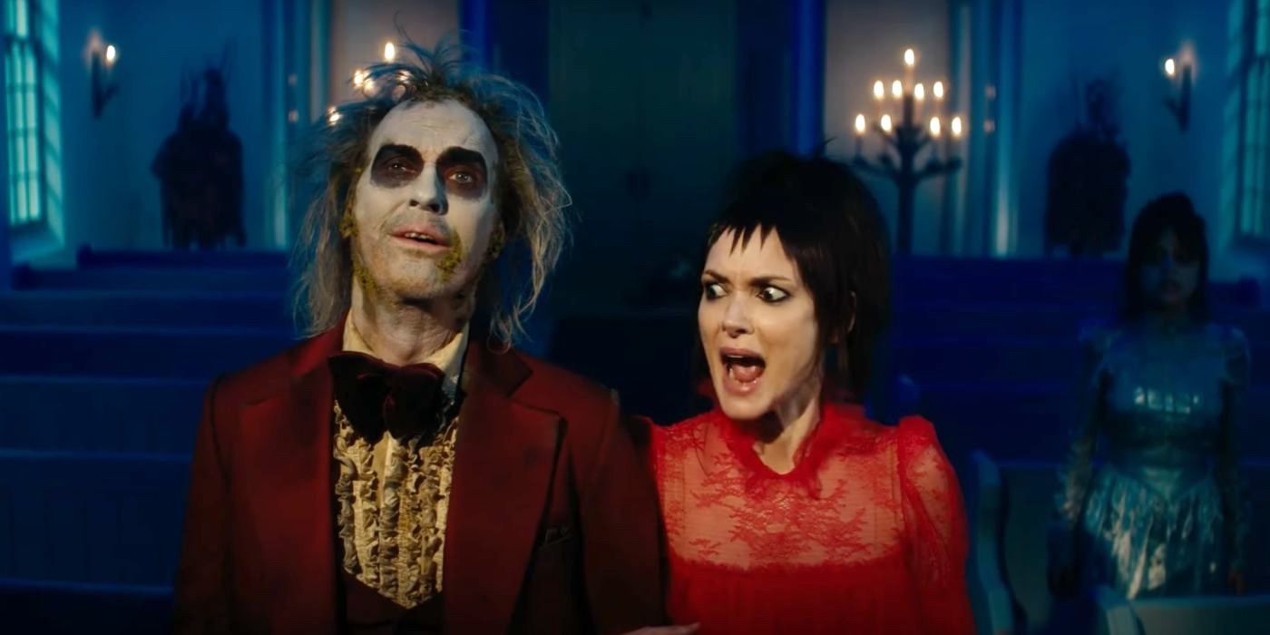 Betelgeuse (Michael Keaton) and Lydia (Winona Ryder) prepare to get married (again) in Beetlejuice Beetlejuice.