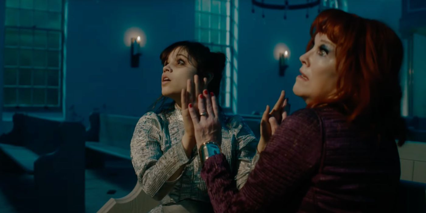 Astrid (Jenna Ortega) and Delia (Catherine O'Hara) are forced to dance in Beetlejuice Beetlejuice.