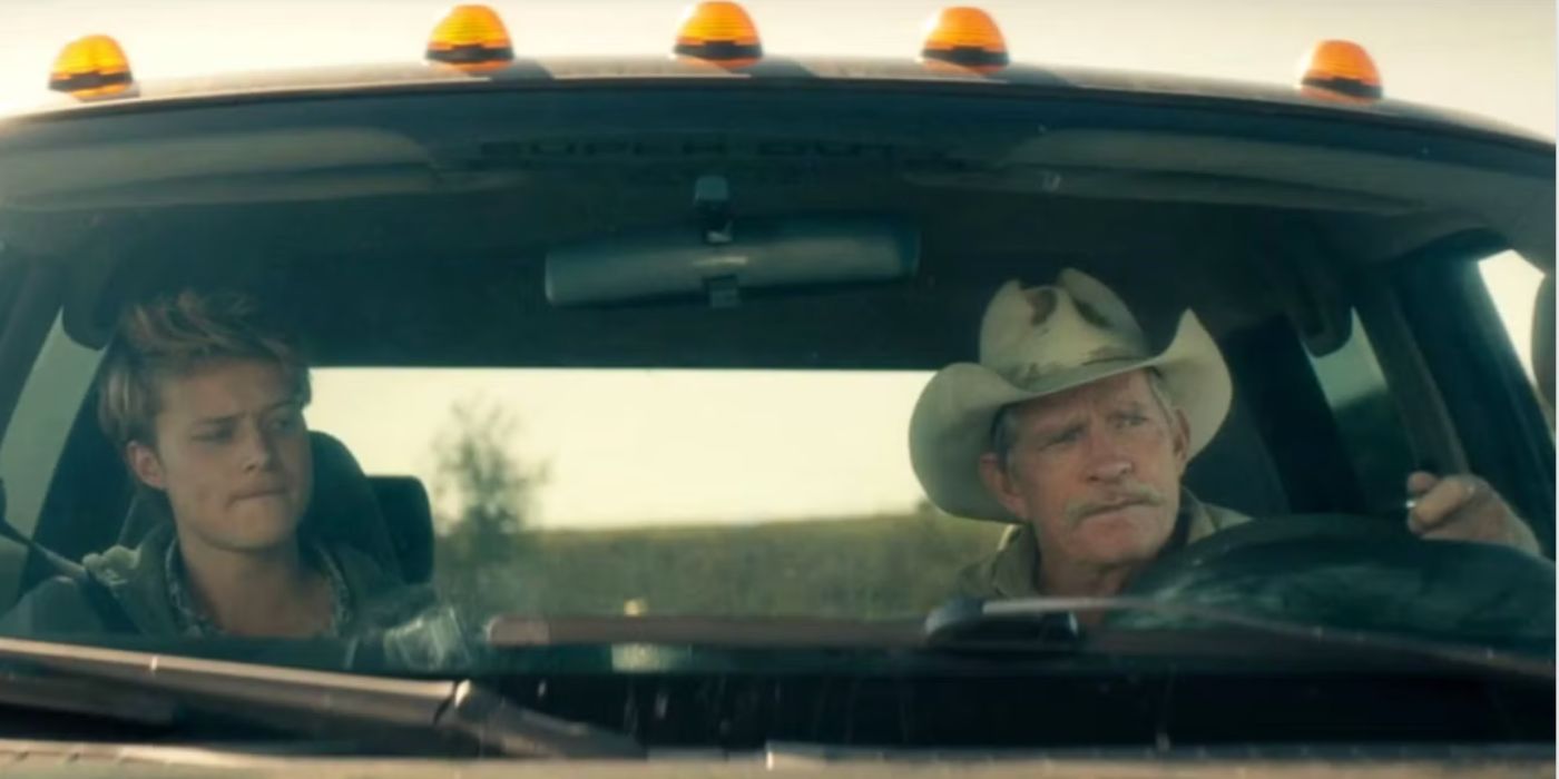 Rudy Pankow and Thomas Haden Church as Erwin and Merle sitting in a car in 'Accidental Texan'