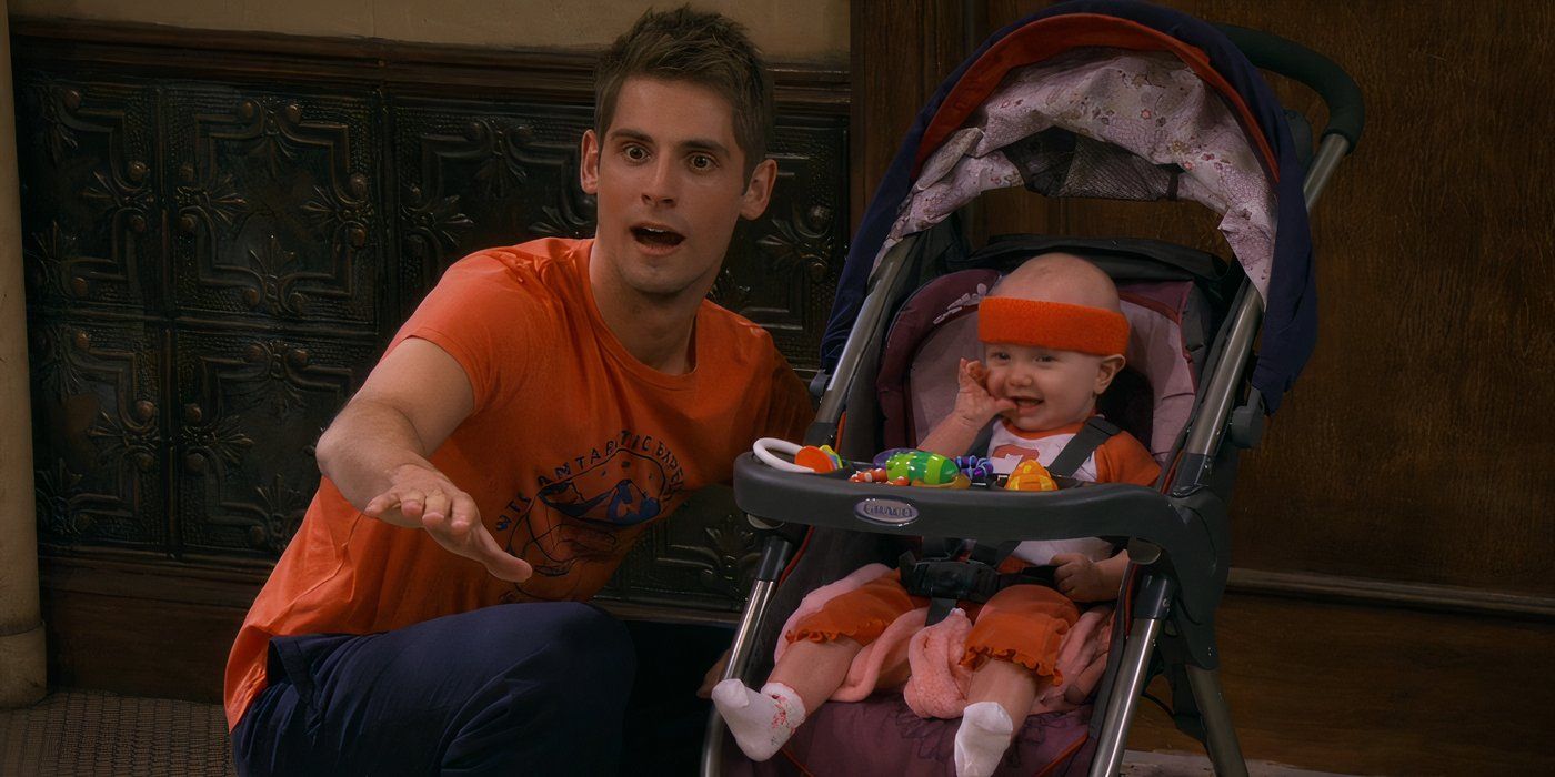 Jean-Luc Bilodeau as Ben Wheeler with his daughter in a stroller in Baby Daddy.