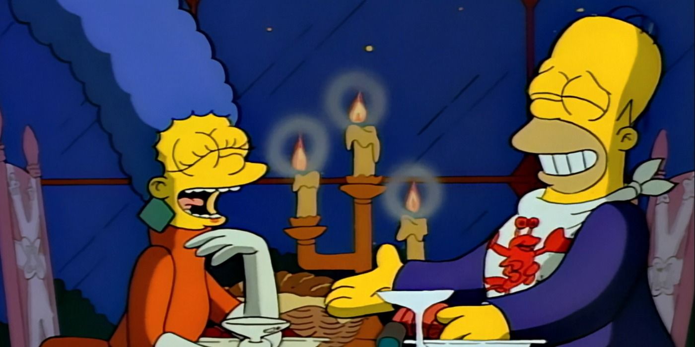 Homer and Marge Simpson having a dinner date, as they laugh and spend an excellent time together.
