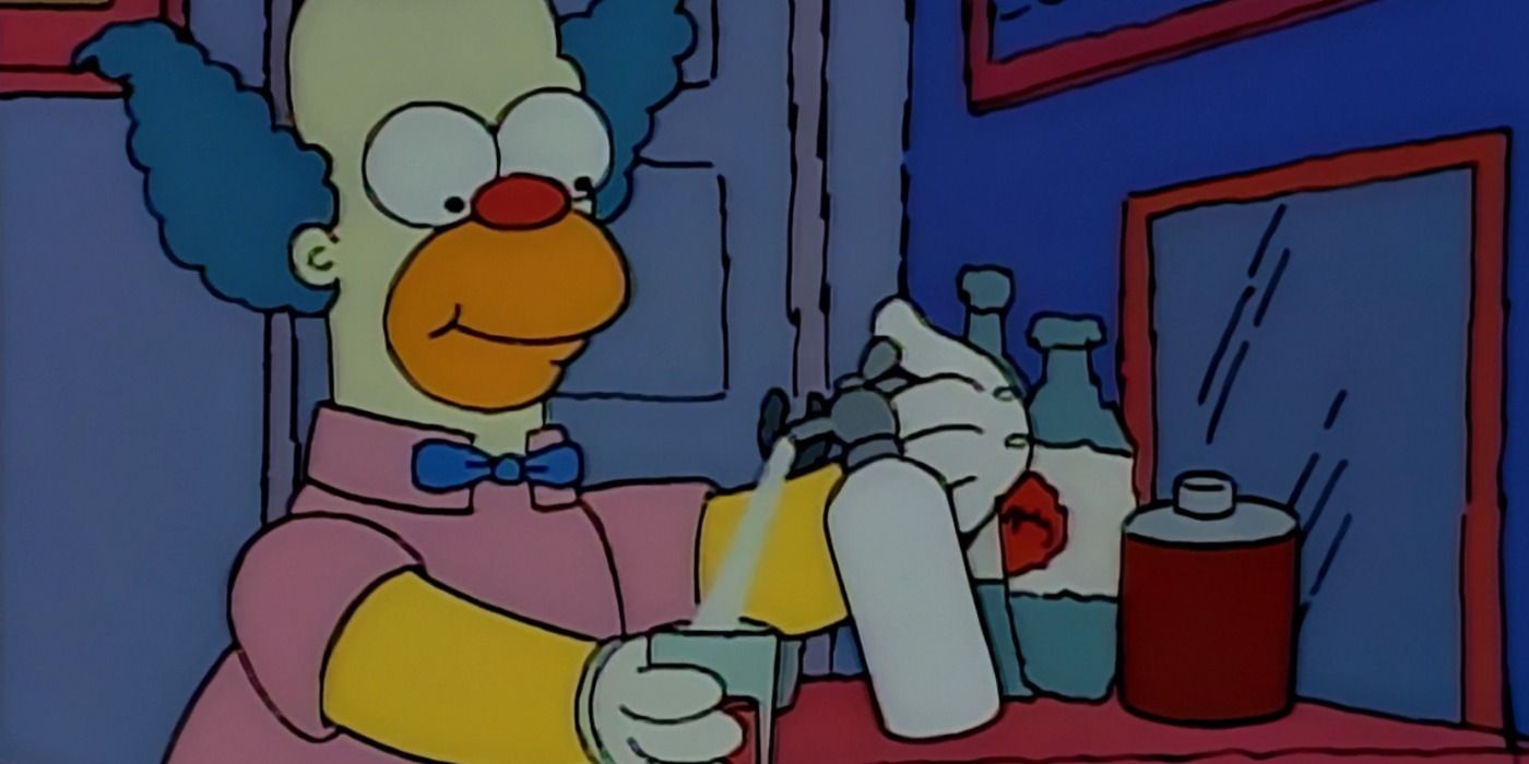 Krusty The Clown having a glass of wine in The Simpsons Season 1, Episode 12, Krusty Gets Busted.