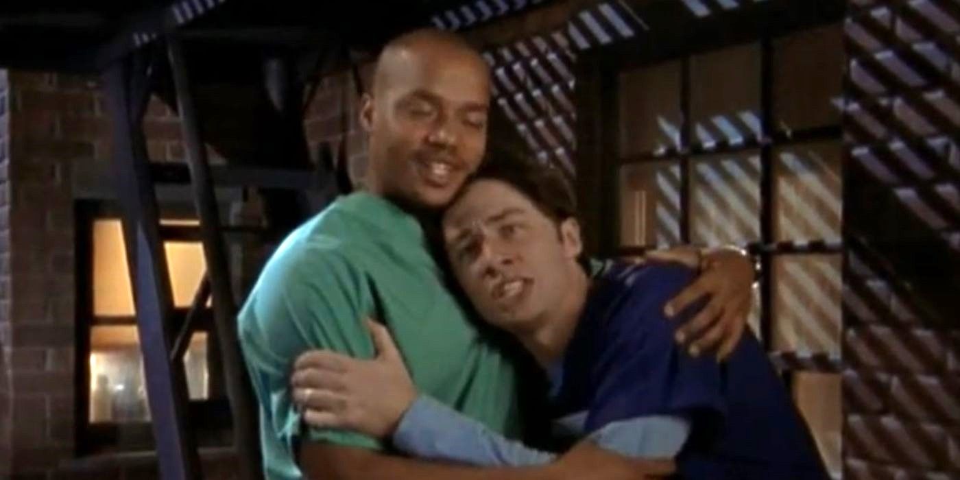 Turk and JD hold each other and sing on a fire escape in a West Side Story sequence in Scrubs.