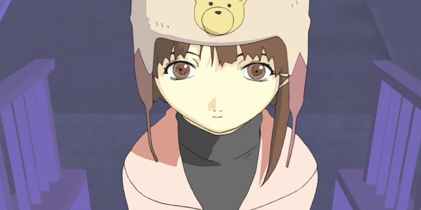 Lain Iwakura staring directly at something off screen in Serial Experiments Lain.