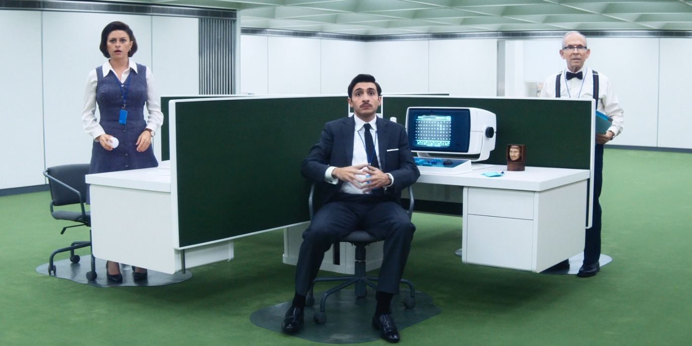 Alia Shawkat, Stefano Carannante, and Bob Balaban in a severed office space in Severance Season 2.