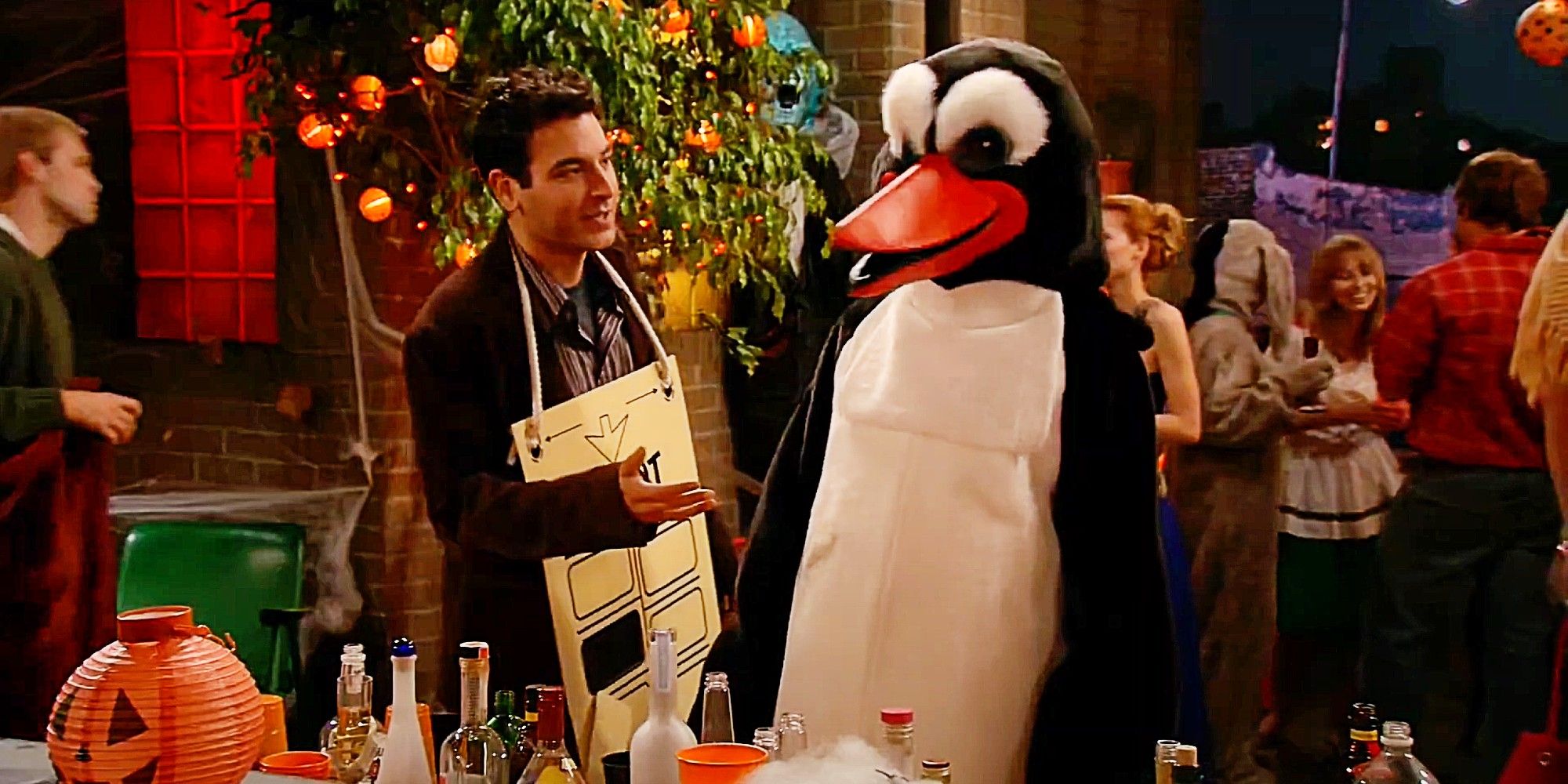 Ted, dressed as a hanging chad, talking to Barney, dressed as a penguin, in How I Met Your Mother.