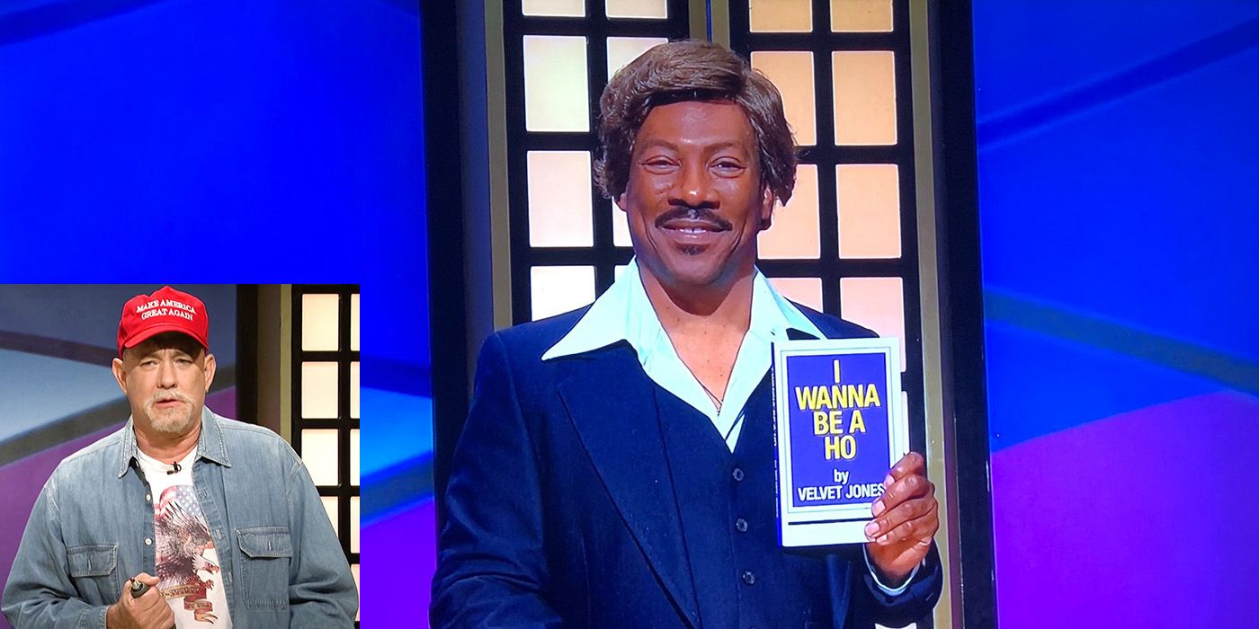 Eddie Murphy as Velvet Jones on Black Jeopardy on SNL, an inset image of Tom Hanks in the same sketch.