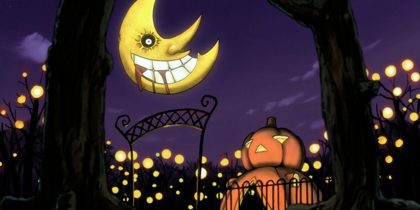 A pumpkin house and smiling moon from the anime Soul Eater