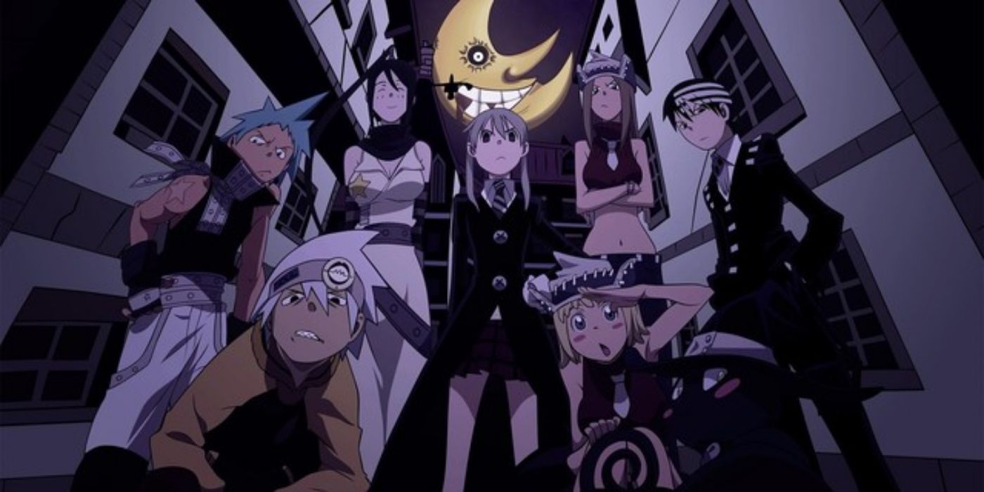 Cast of Soul Eater looking into the camera with a smiling moon behind them.