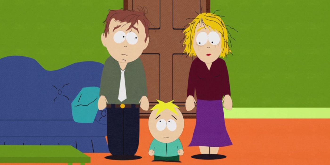 Butters stands between his parents on the South Park episode, "Butters' Very Own Episode."