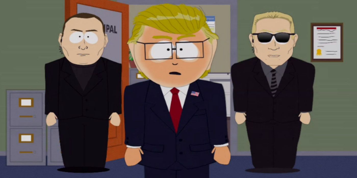 Mr. Garrison stands between two secret service agents in 'South Park.'