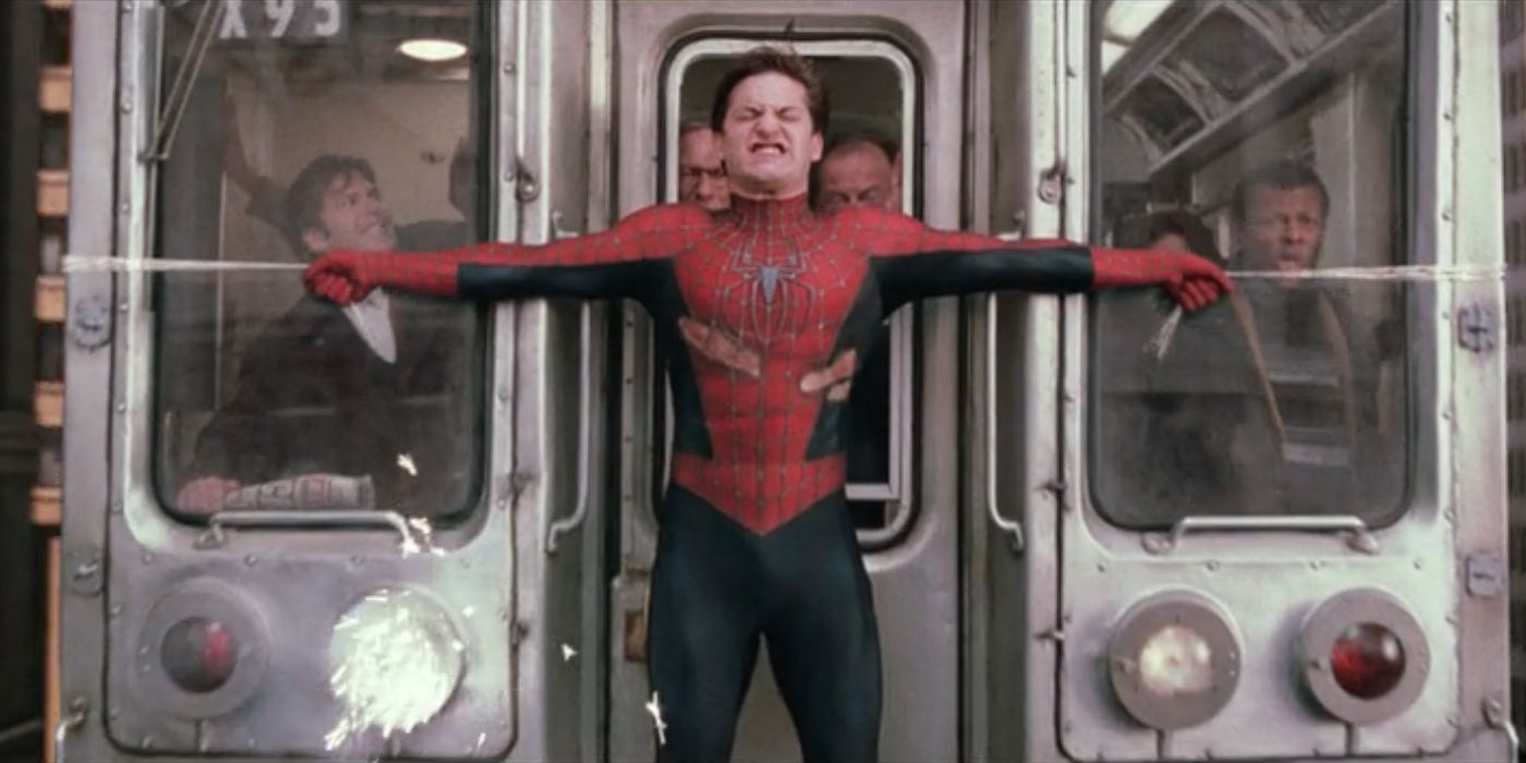 Peter Parker tries his best to stop a train in 'Spider-Man 2'.