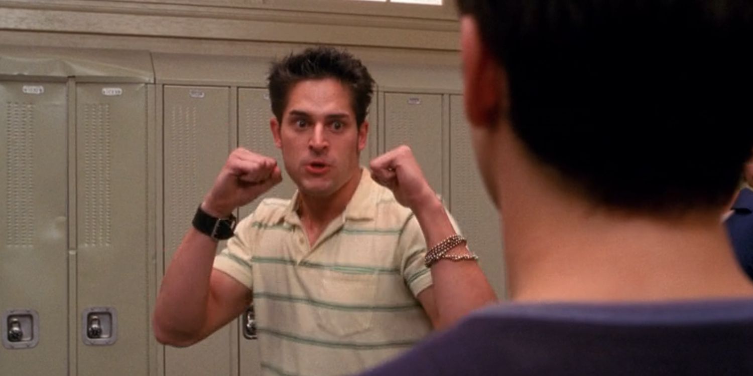 Flash Thompson raises his fists to fight Peter Parker in 'Spider-Man' (2002).