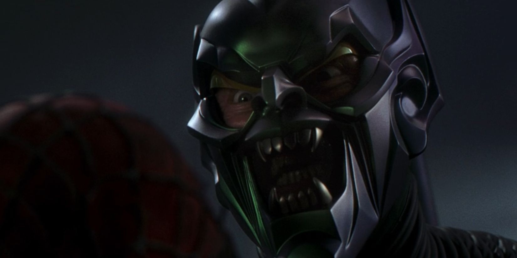 Willem Dafoe's Norman Osborn snarls from within the Green Goblin mask in 'Spider-Man' (2002).