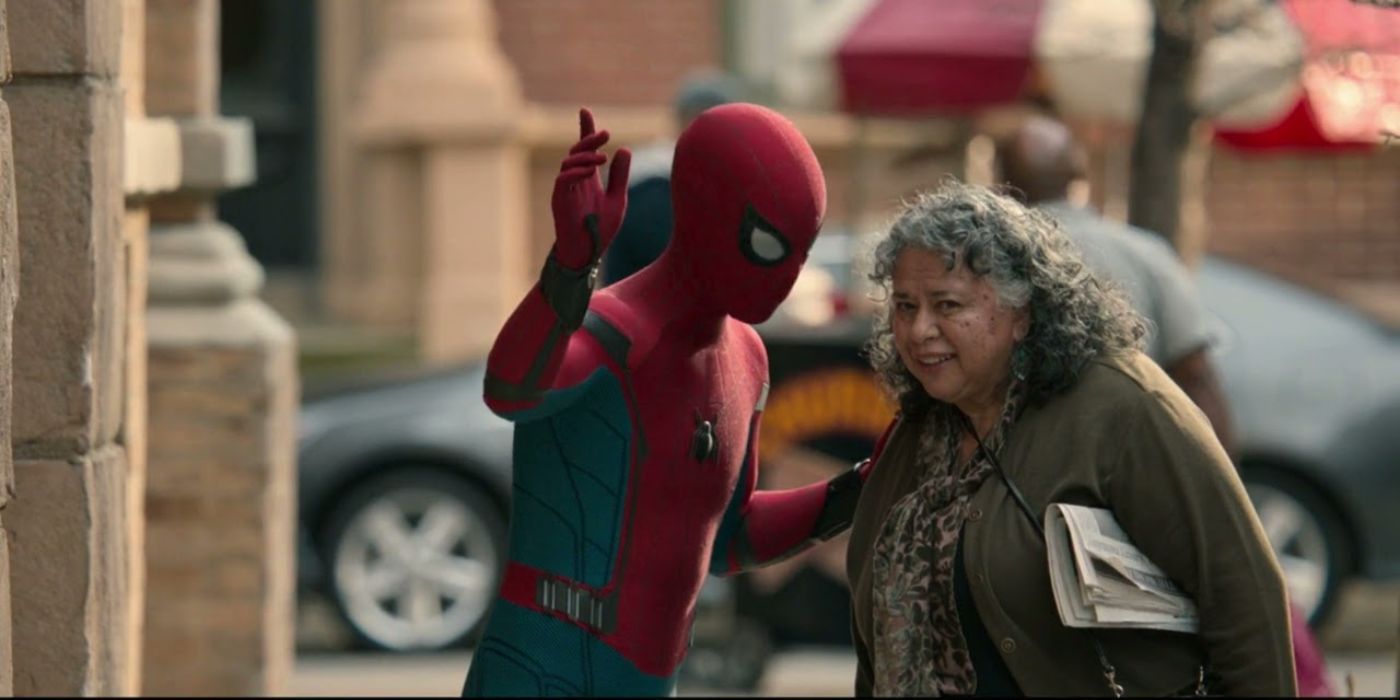 Spider-Man helping an old lady in Spider-Man: Homecoming.
