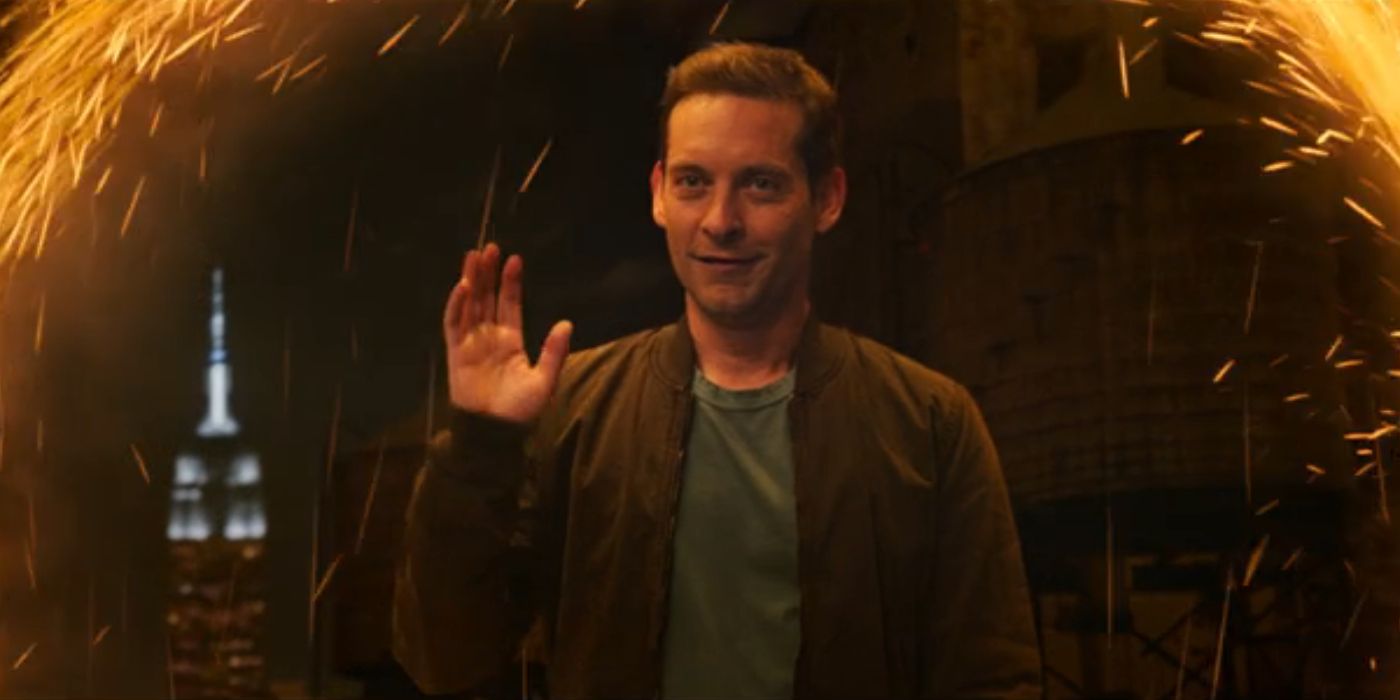 Tobey Maguire's Peter Parker waves in 'Spider-Man: No Way Home'.