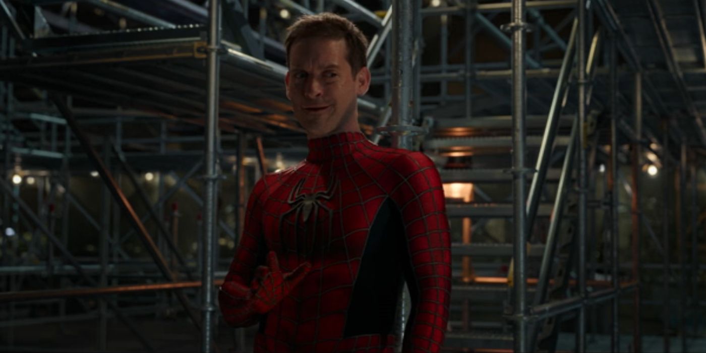 Tobey Maguire's Peter Parker stands in his spider suit in Spider-Man: No Way Home.